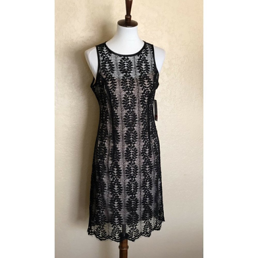 Sharagano Petite Women's Lace Sheath Dress Black/Nude Size 6P